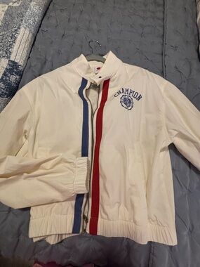Champion Cream Windbreaker with Red & Blue Trim